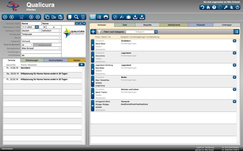 Klienten - Screenshot der Jugendhilfe Software - Qualicura 